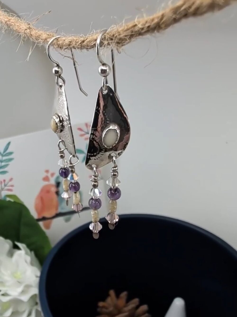 Vintage Hand Hammered Sterling Silver Amethyst Pearl Dangle Earrings - Picture 16 of 17